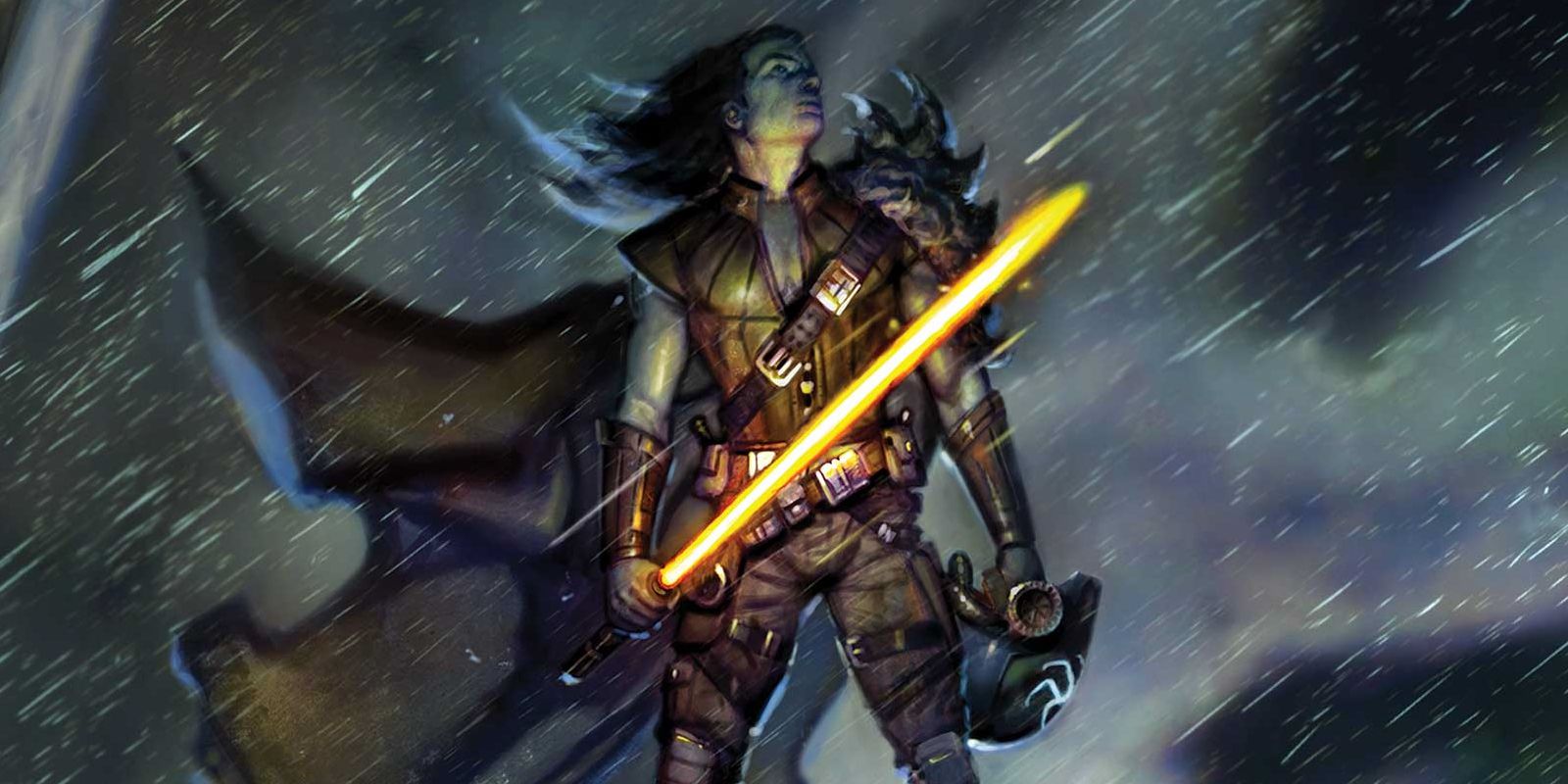 Marchion Ro holds Loden Greatstorm's lightsaber in a storm on the cover of Star Wars The High Republic Eye of the Storm