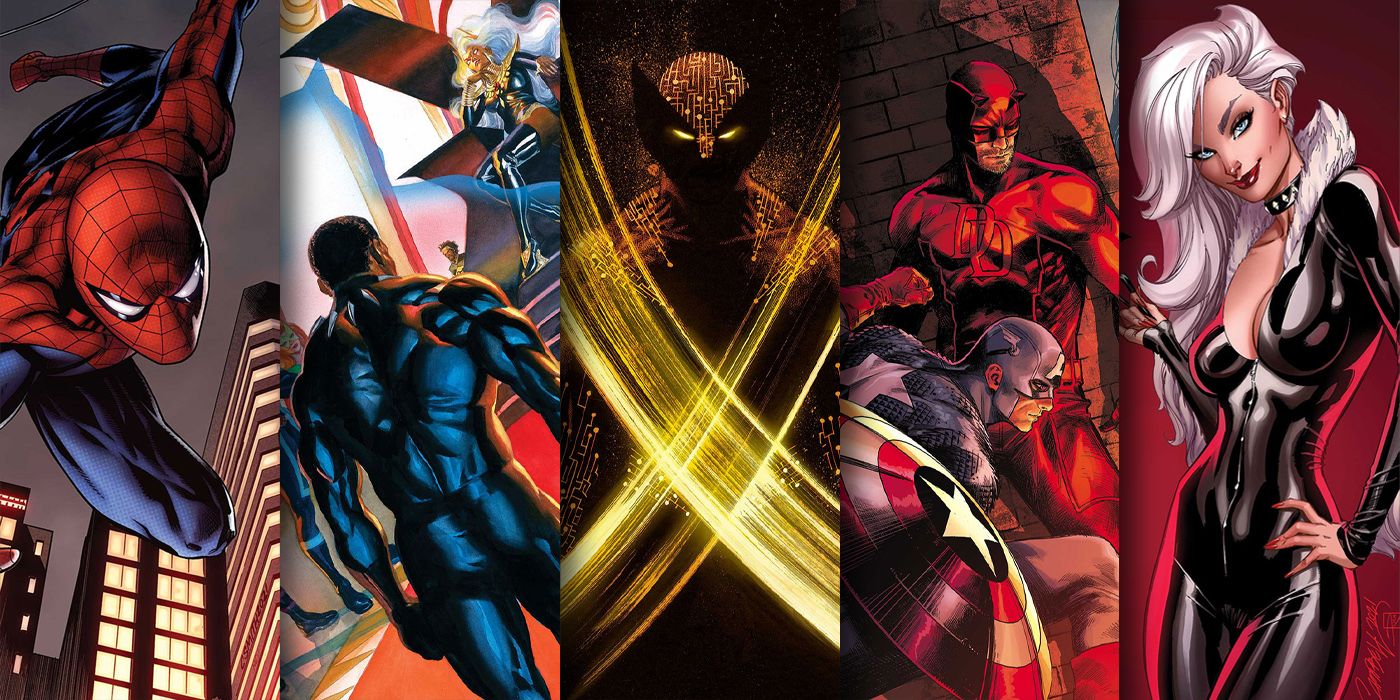Spider-Man, Black Panther, Wolverine, Daredevil, Captain America and Black Cat are featured on Marvel Comics covers.