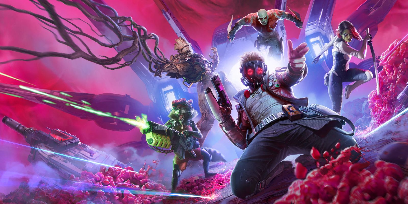 Star-Lord, Gamora, Drax the Destroyer, Rocket Raccoon, and Groot battle their way through enemies on the cover art for Marve's Guardians of the Galaxy video game