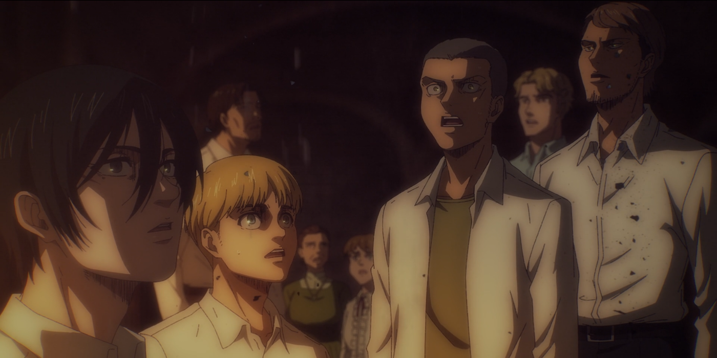 Mikasa, Armin, Jean, and Connie listen to the battle unfold from their cell in Attack on Titan