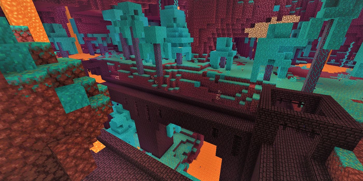 A Nether Fortress from Minecraft in the Warped Forest biome.