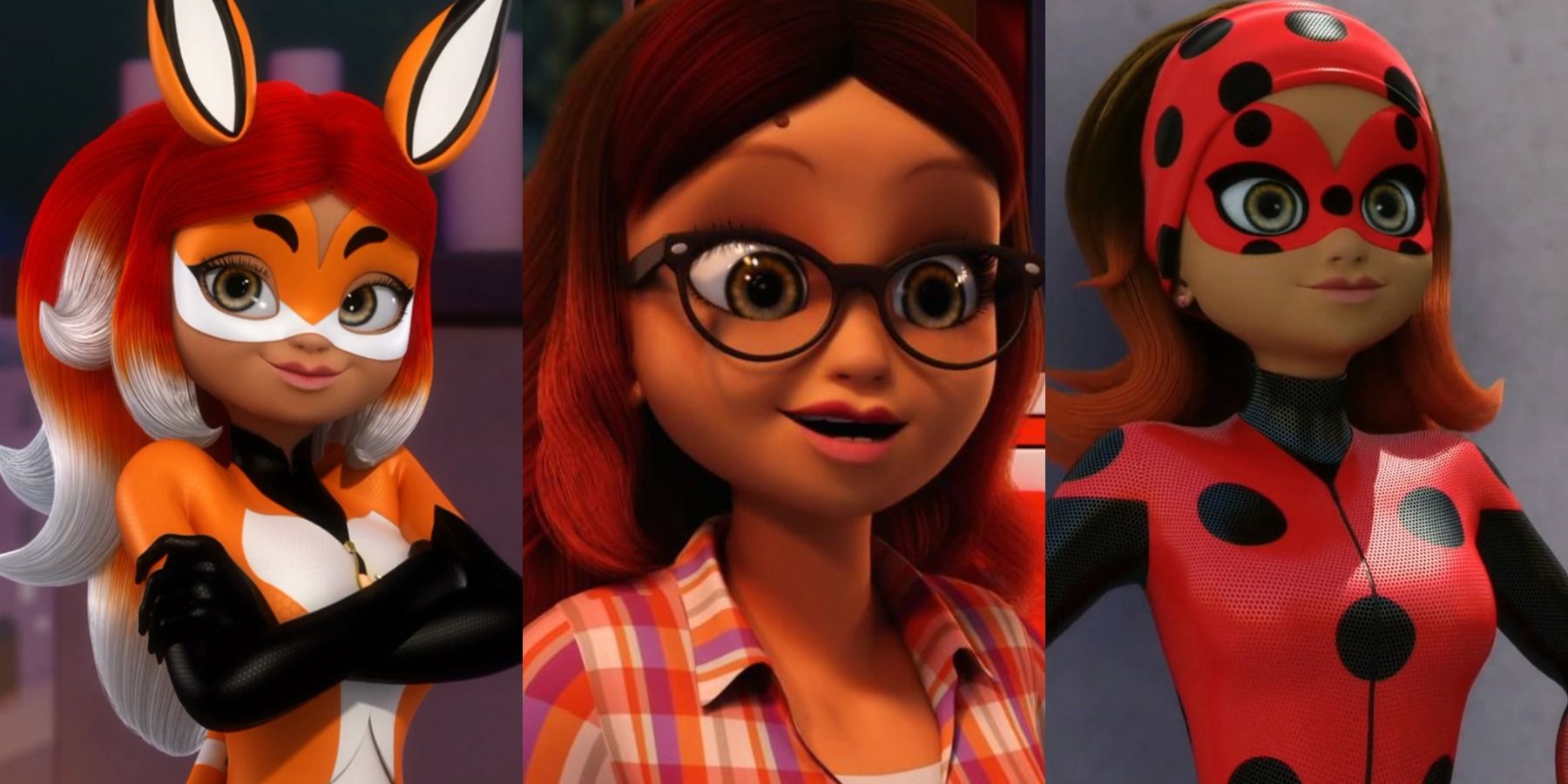 A split image depicts Rena Rouge, Alya in her civilian form, and Scarabella in Miraculous Ladybug