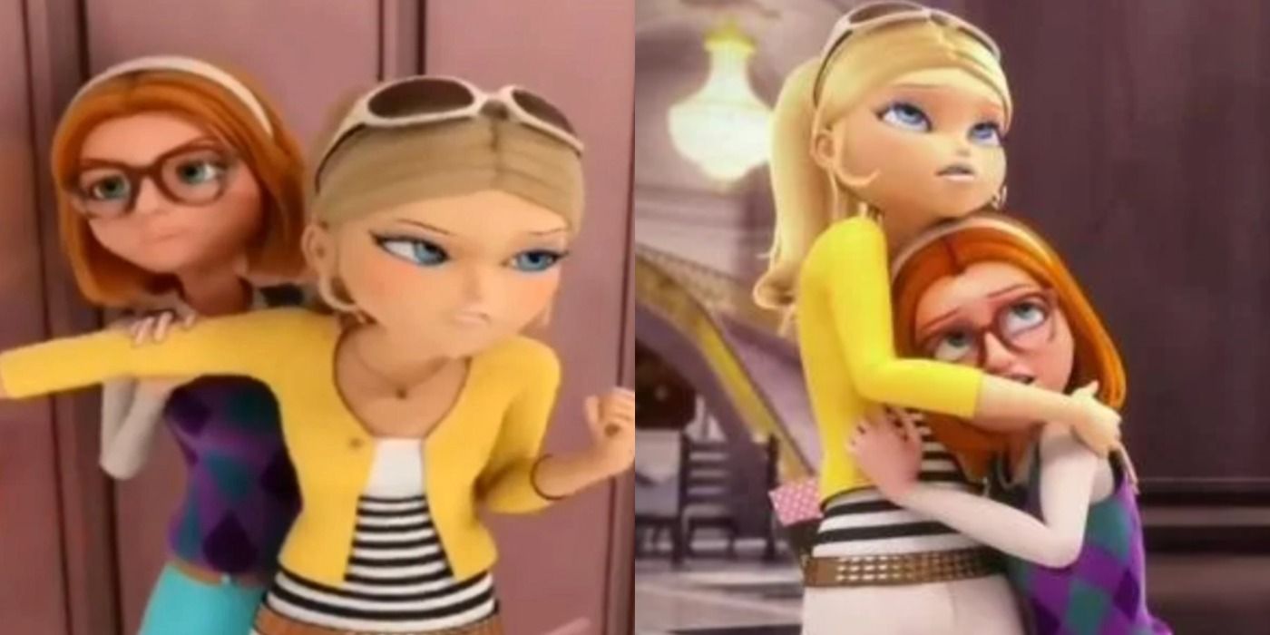 A split image depicts Chloe protecting Sabrina at school and at the Agreste house in Miraculous Ladybug