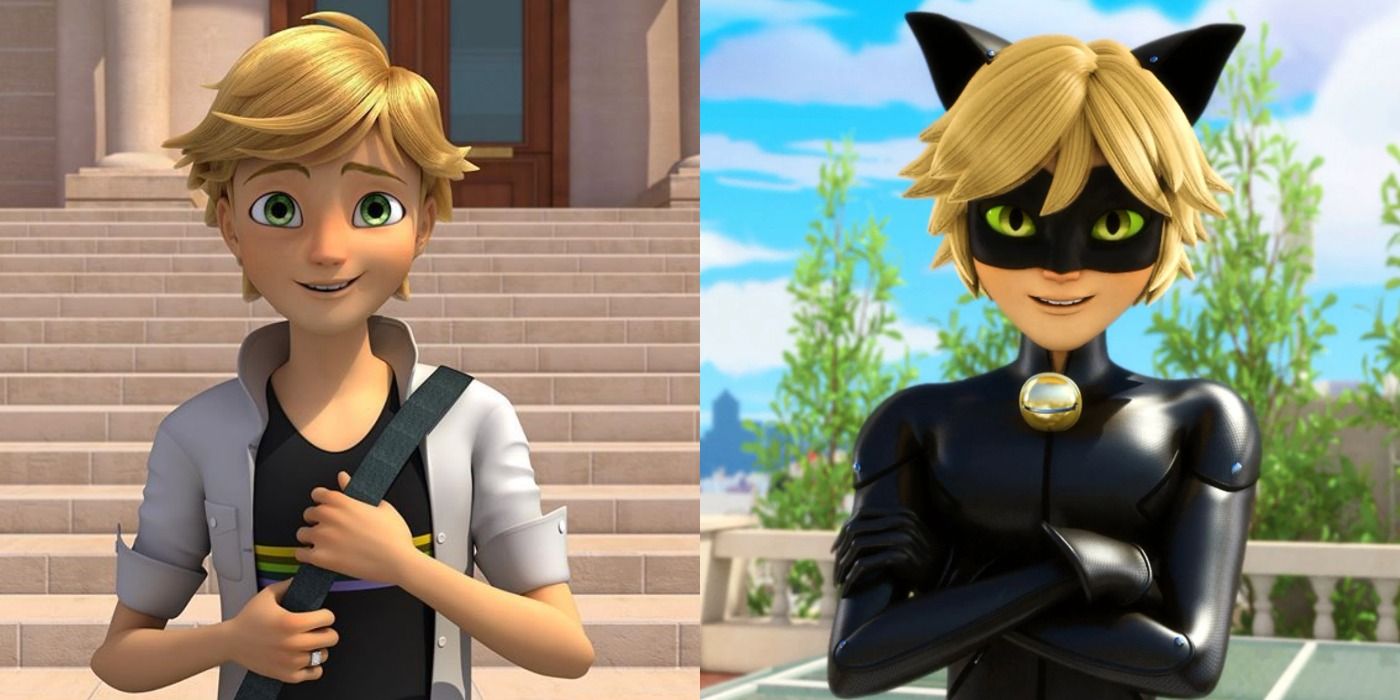 A split image of Adrien and Cat Noir in Miraculous Ladybug