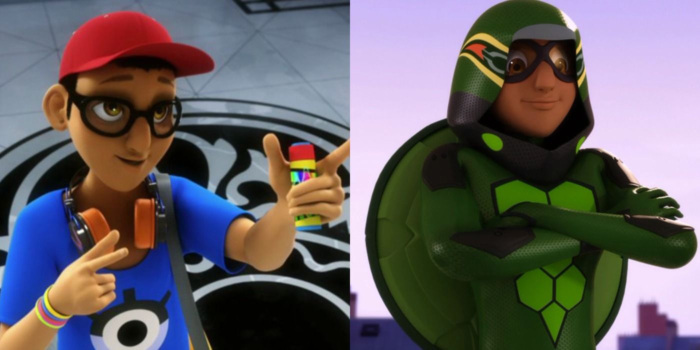 A split image depicts Nino and Carapace in Miraculous Ladybug