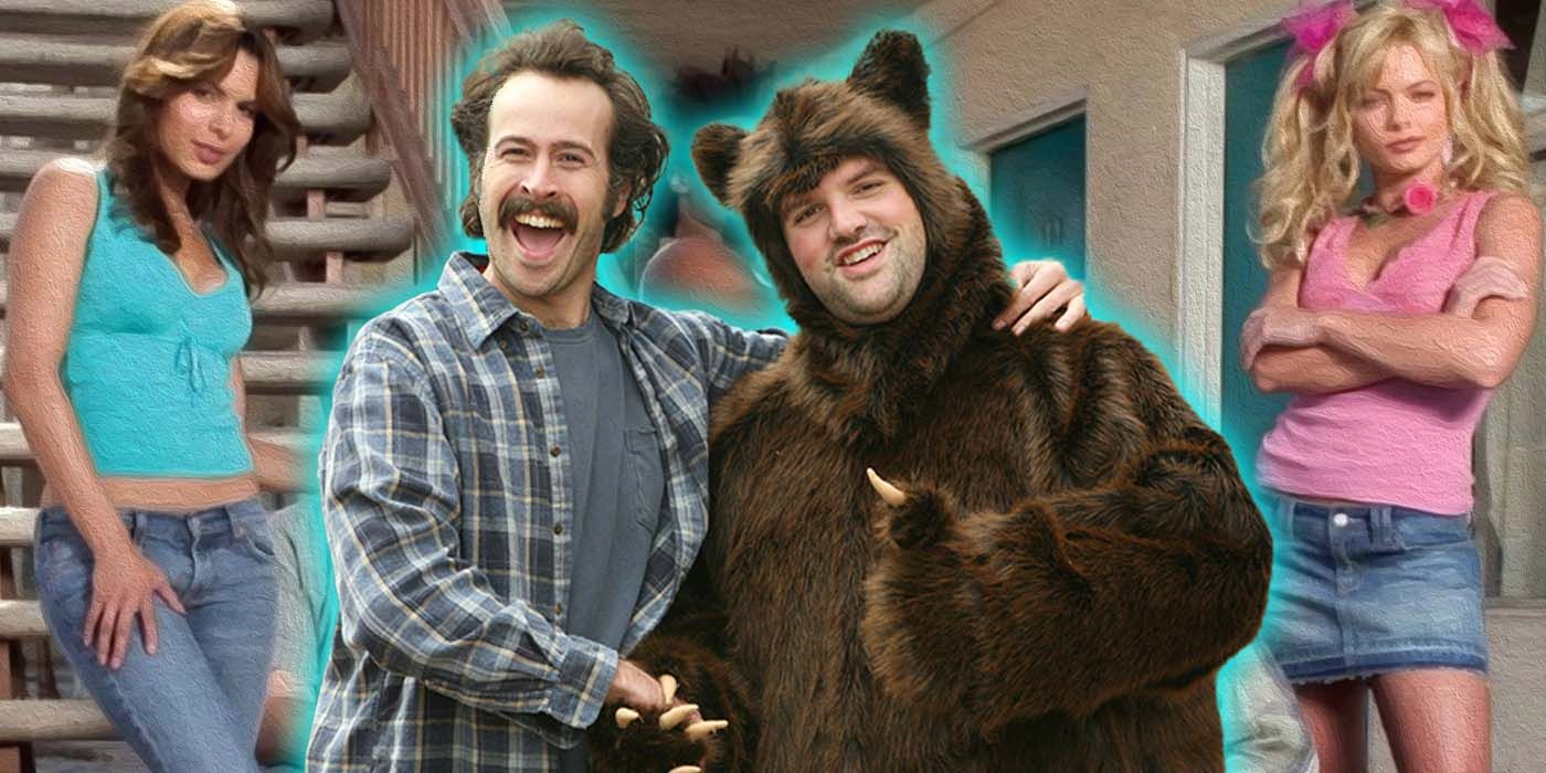 Earl hugs Randy in a bear costume