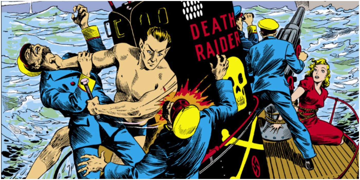 Namor punches Nazi sailors on a submarine in a Golden Age comic