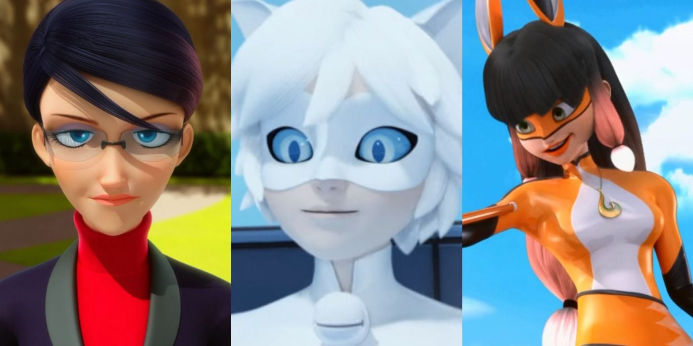 A split image depicts Nathalie, Cat Blanc, and Volpina in Miraculous Ladybug