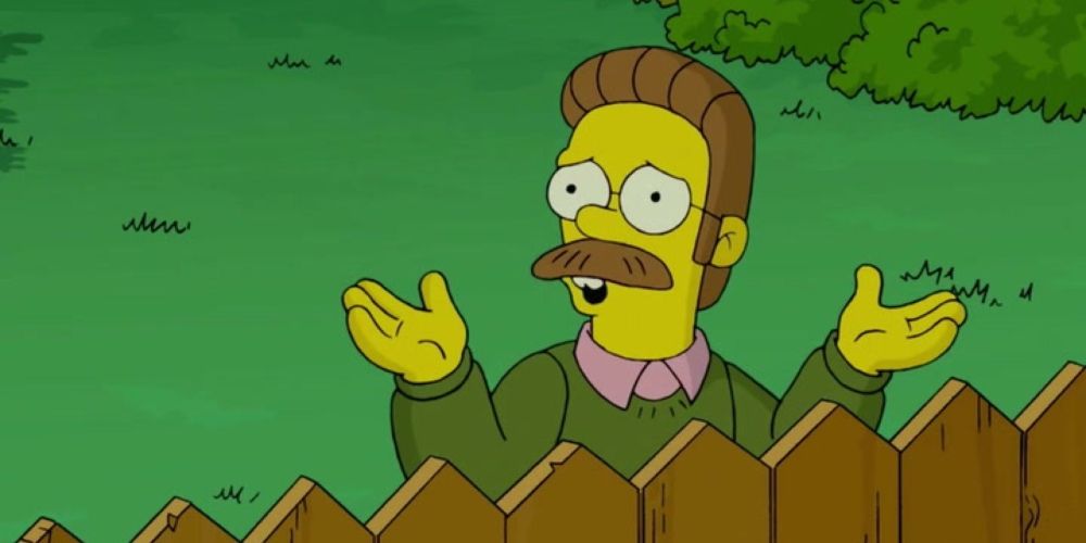 Ned Flanders peering over his fence in the Simpsons