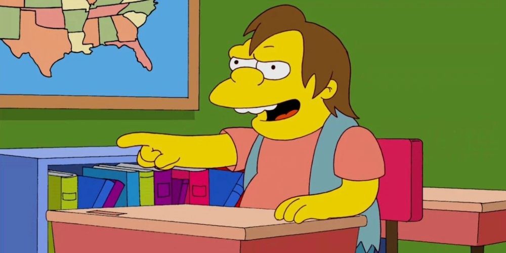 Nelson Muntz in class in the Simpsons