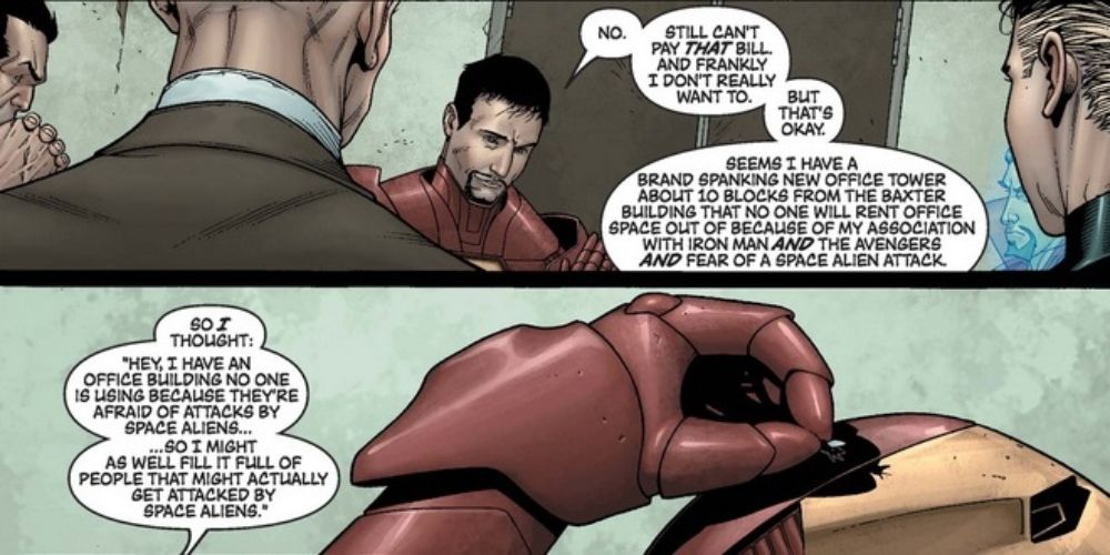 Iron Man talks to Illuminati of Namor, Professor X, Mr. Fantastic, and Dr. Strange