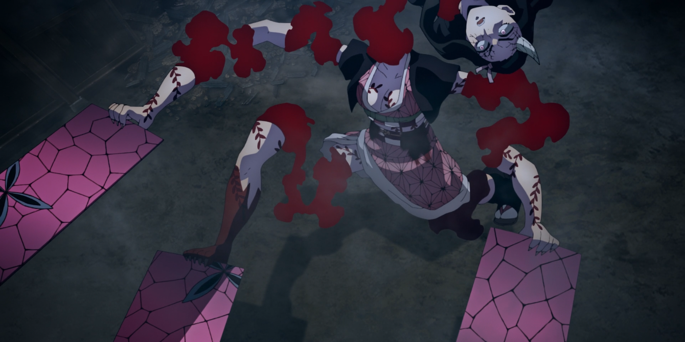 Nezuko congeals her blood to reassemble her body in Demon Slayer