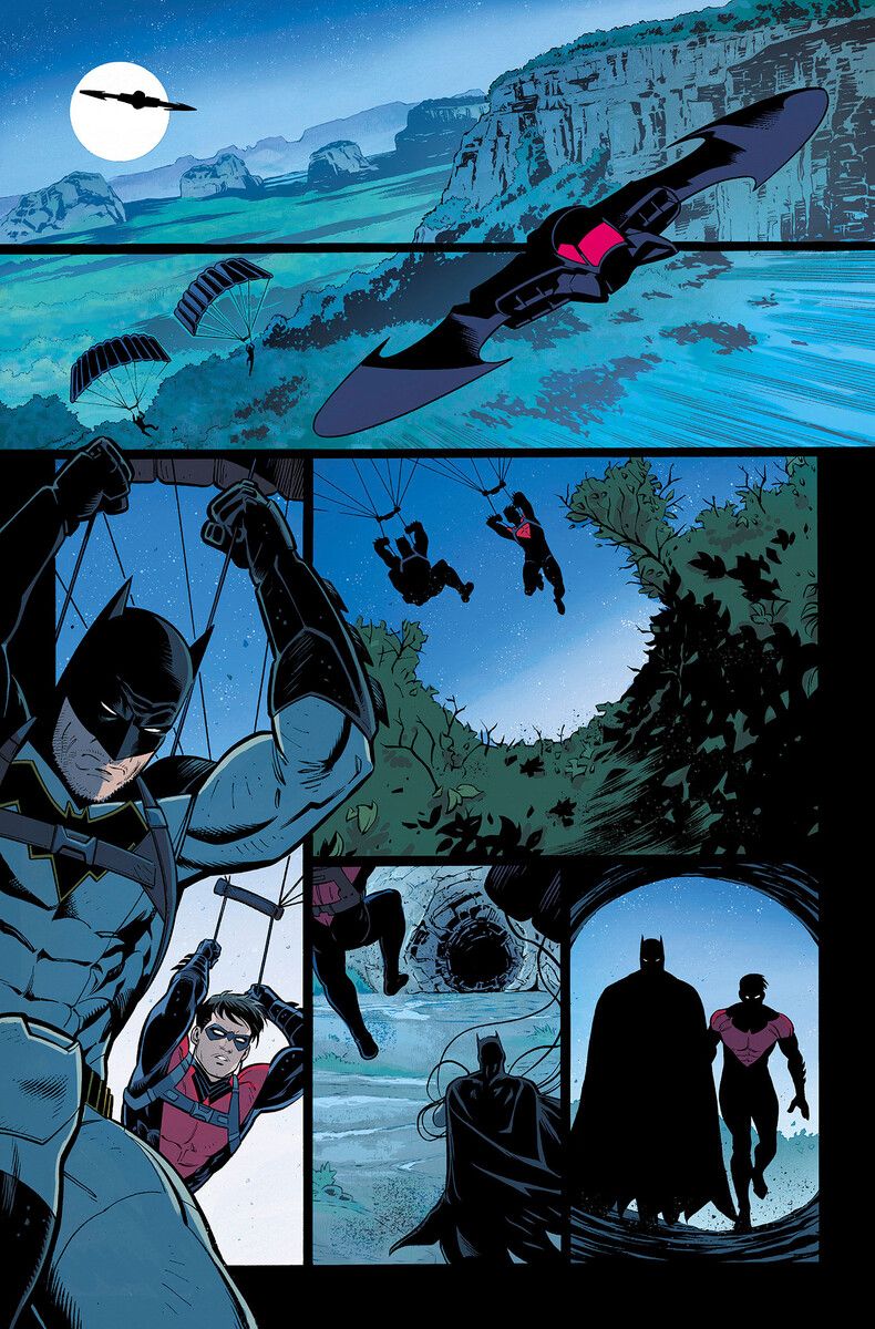 Batman, Dick Grayson, Superman and Jon Kent in Nightwing 89 interior art by Bruno Redondo