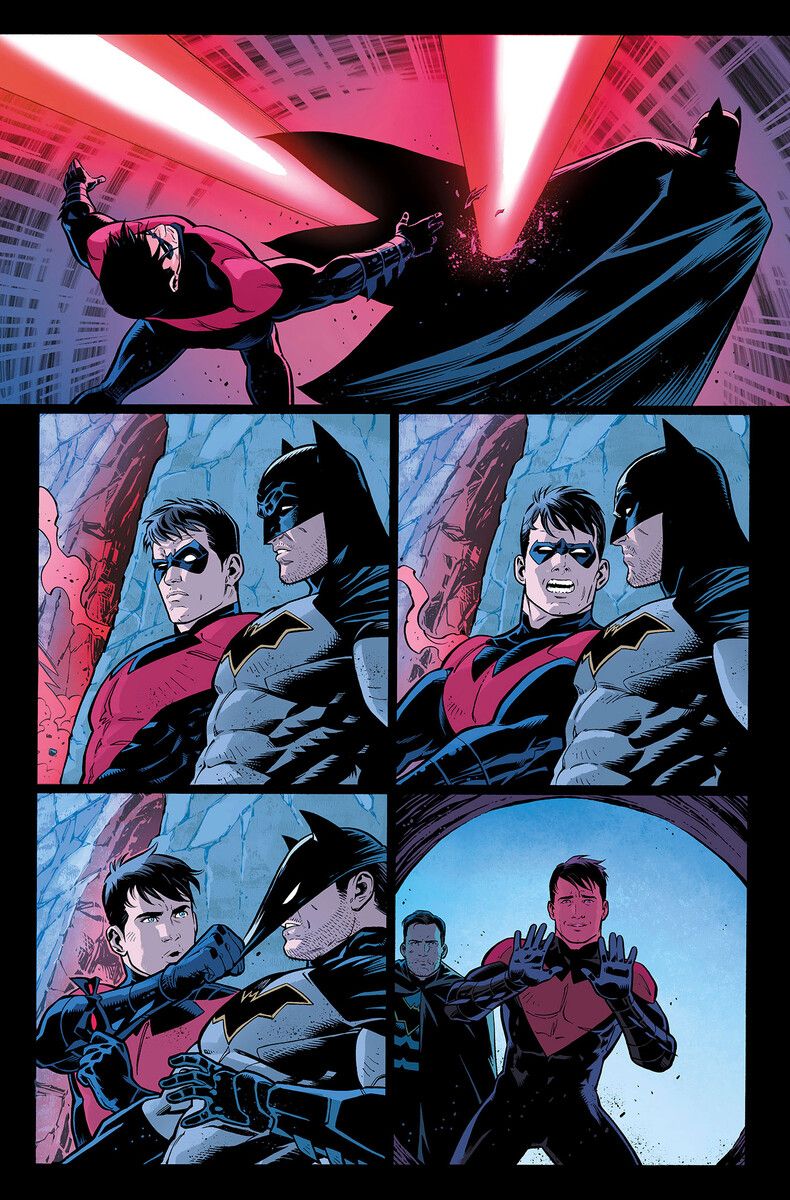 Batman, Dick Grayson, Superman and Jon Kent in Nightwing 89 interior art by Bruno Redondo