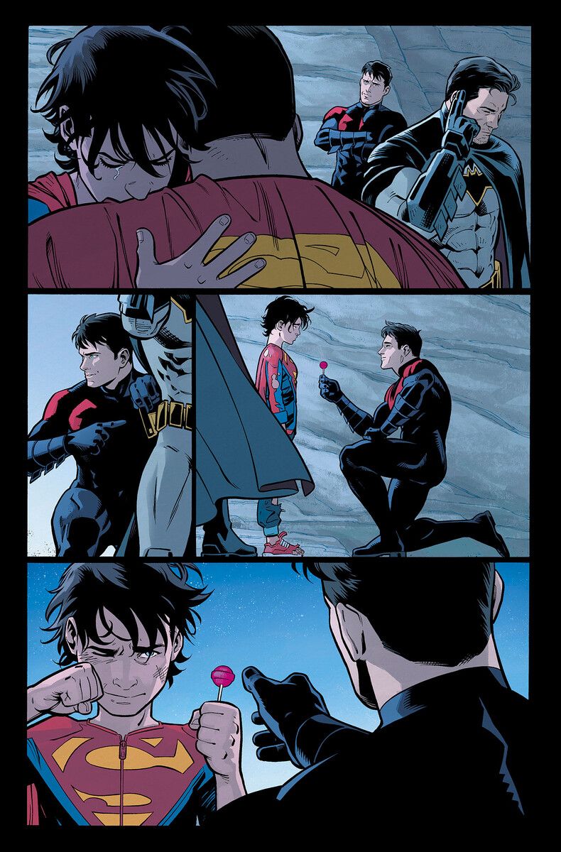 Batman, Dick Grayson, Superman and Jon Kent in Nightwing 89 interior art by Bruno Redondo