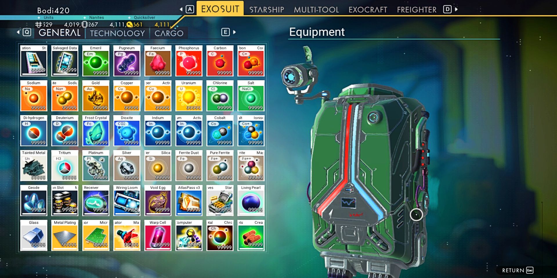 Screenshot of an inventory tab with the All Substances 999,999 and More Products + mod installed in No Man's Sky.