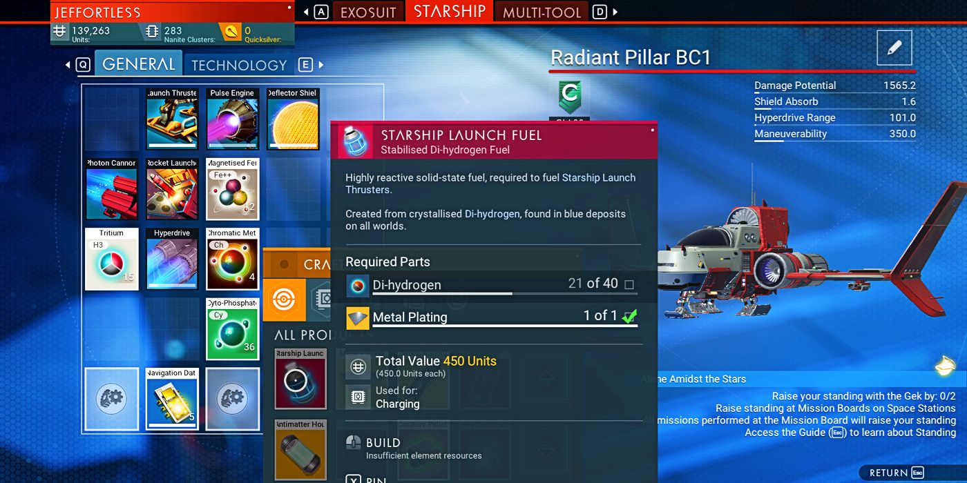 Screenshot of Launch Fuel production for starships, as seen in No Man's Sky.