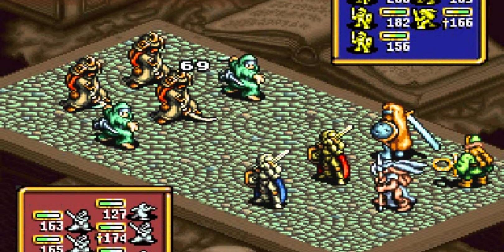 A battle plays out in Ogre Battle: March Of The Black Queen for the SNES