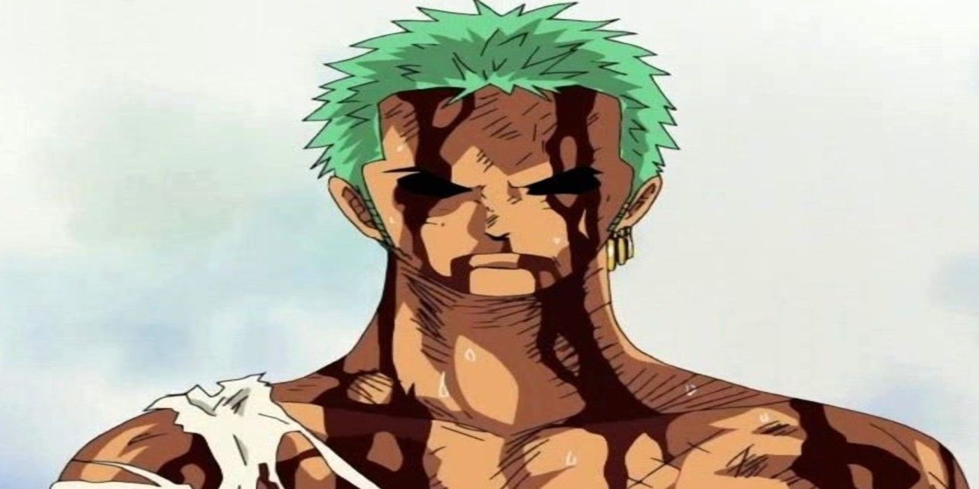 One Piece's Zoro covered in blood during the Thriller Bark Arc.