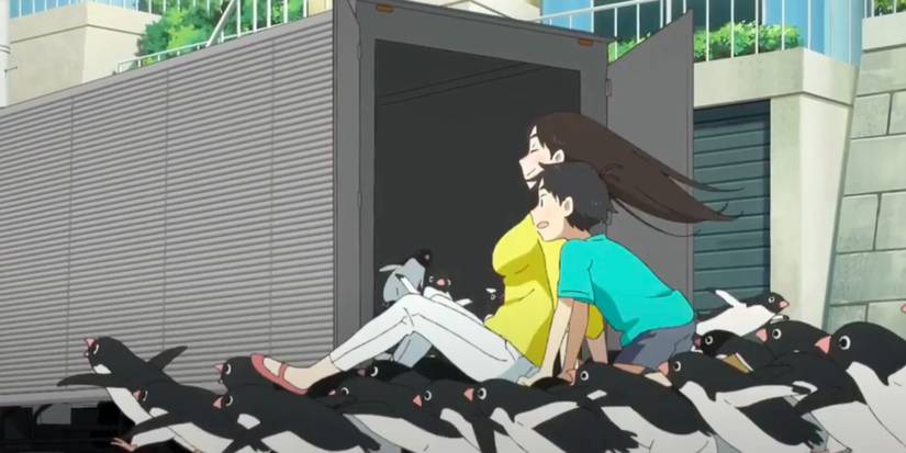 Aoyama and the Lady are riding on the backs of a colony of penguins in Penguin Highway.