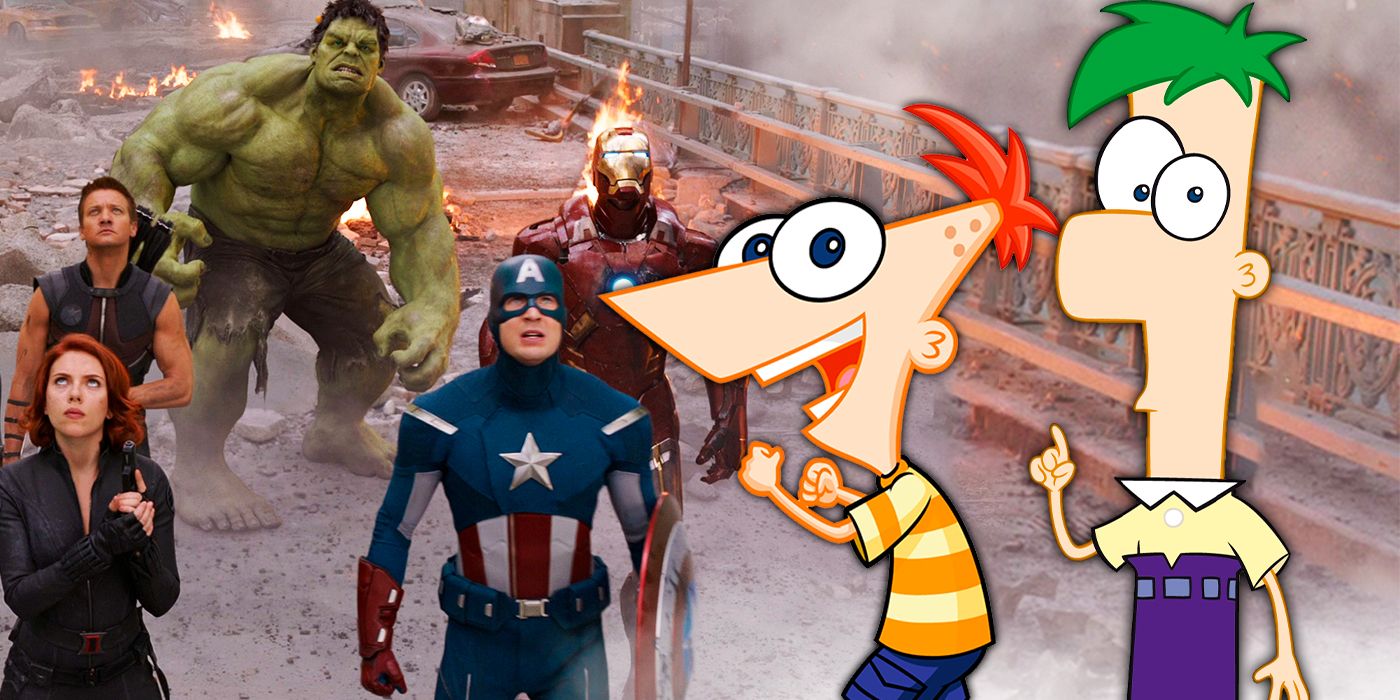 Phineas and Ferb stand in front of the Avengers during the Battle of New York.
