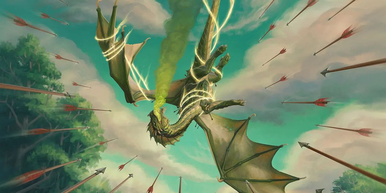 A dragon wrapped in glowing bonds plummets from the sky as arrows fly towards it