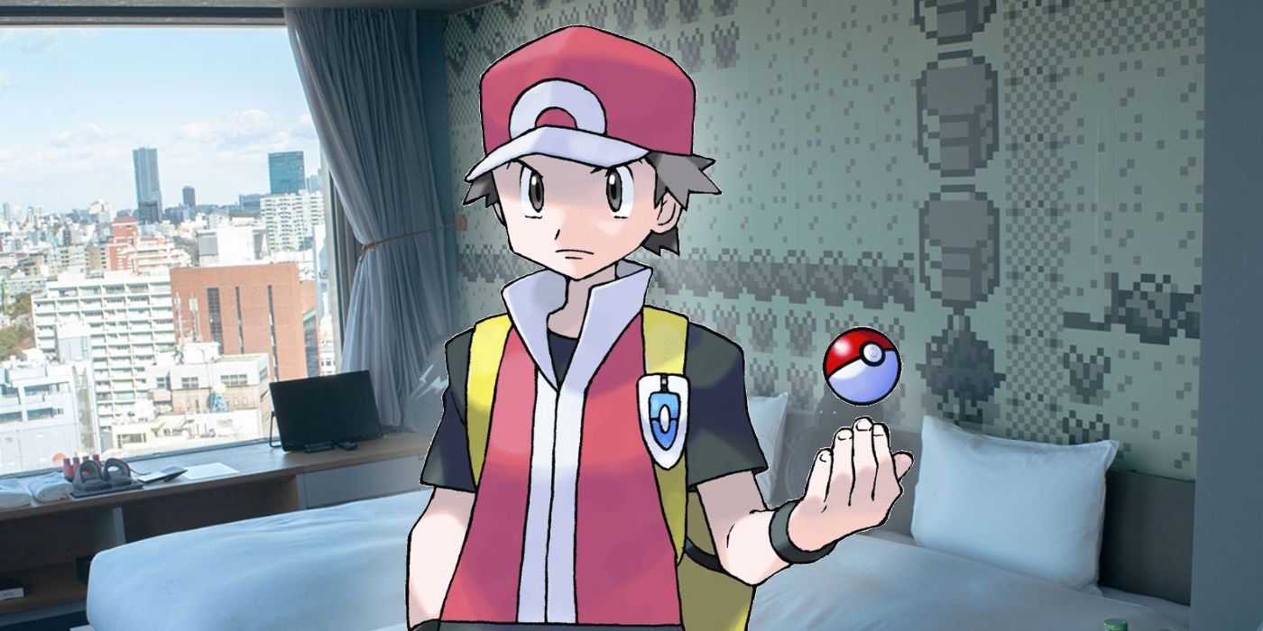 Red on top of an image of the new luxury Pokemon hotel experience