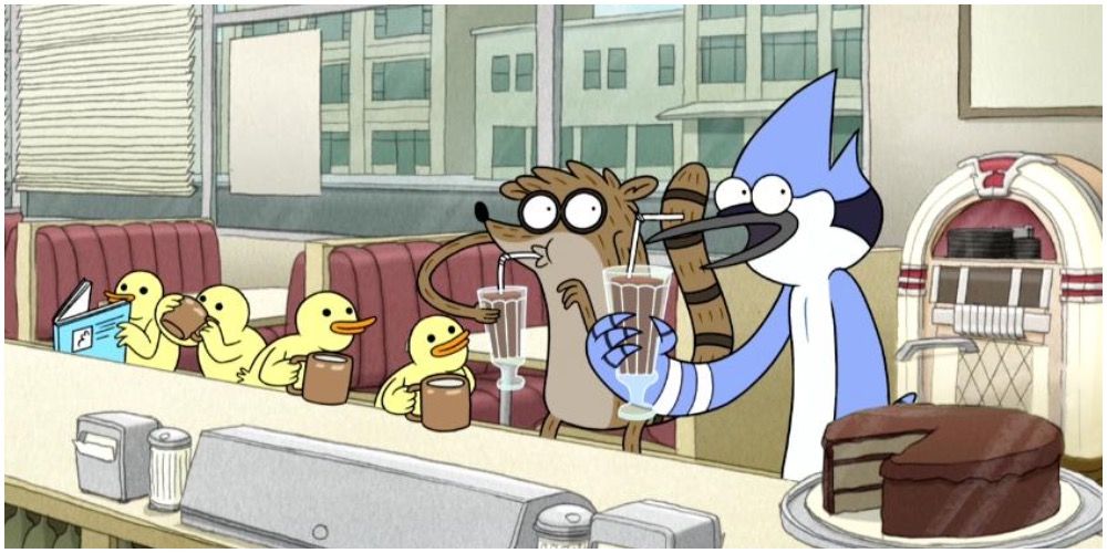 Mordecai and Rigby having a meal with the ducklings