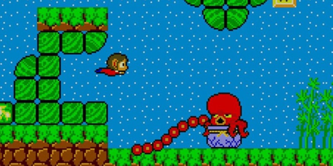 Alex Kidd faces octopus underwater in Sega Master System Game