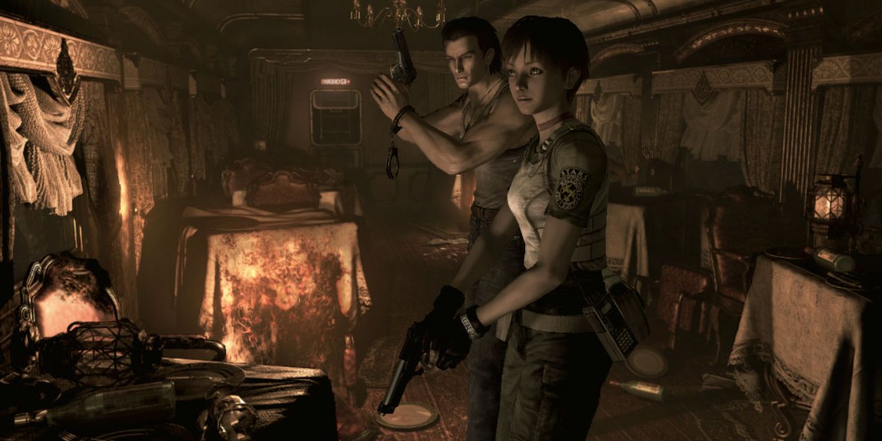 Billy Coen and Rebecca Chambers on a train in Resident Evil 0.