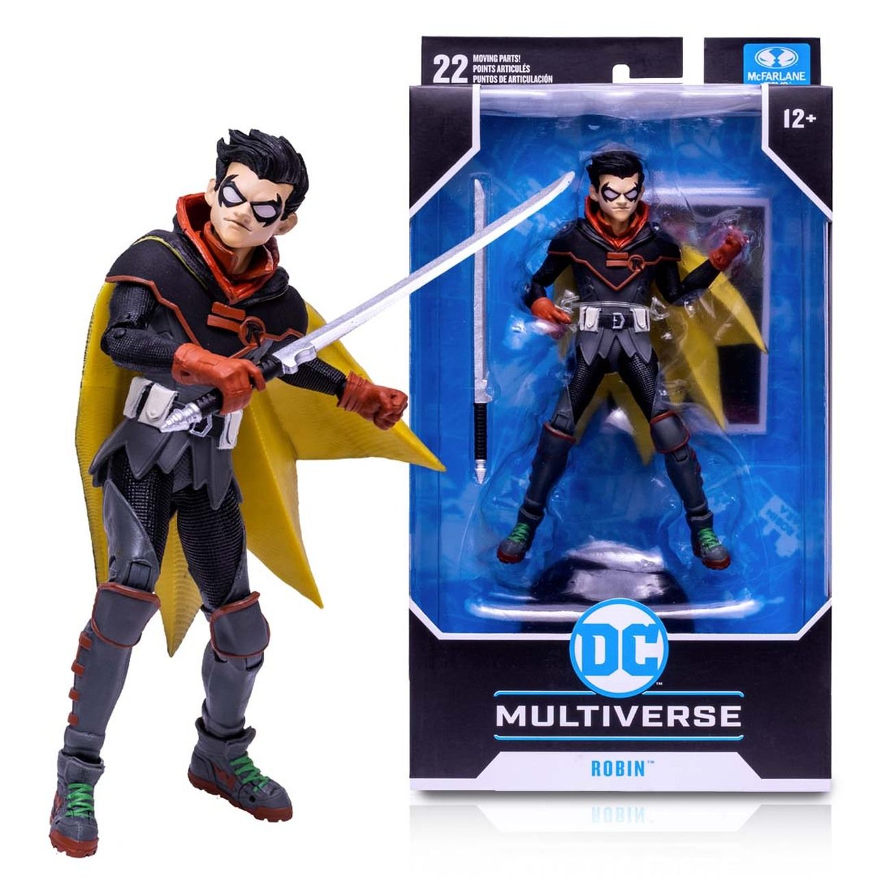 The Infinite Frontier Robin action figure poses with a sword next to its packaging.