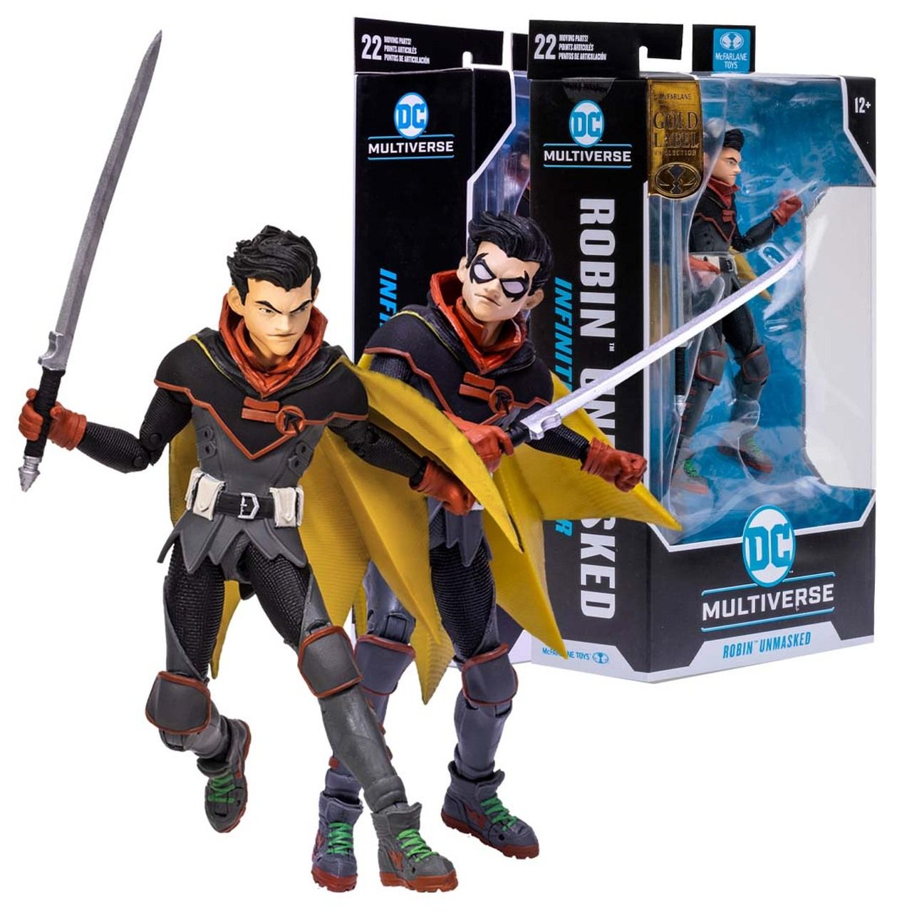 Both the masked and unmasked action figures of Damian Wayne's Robin stand near their packaging.