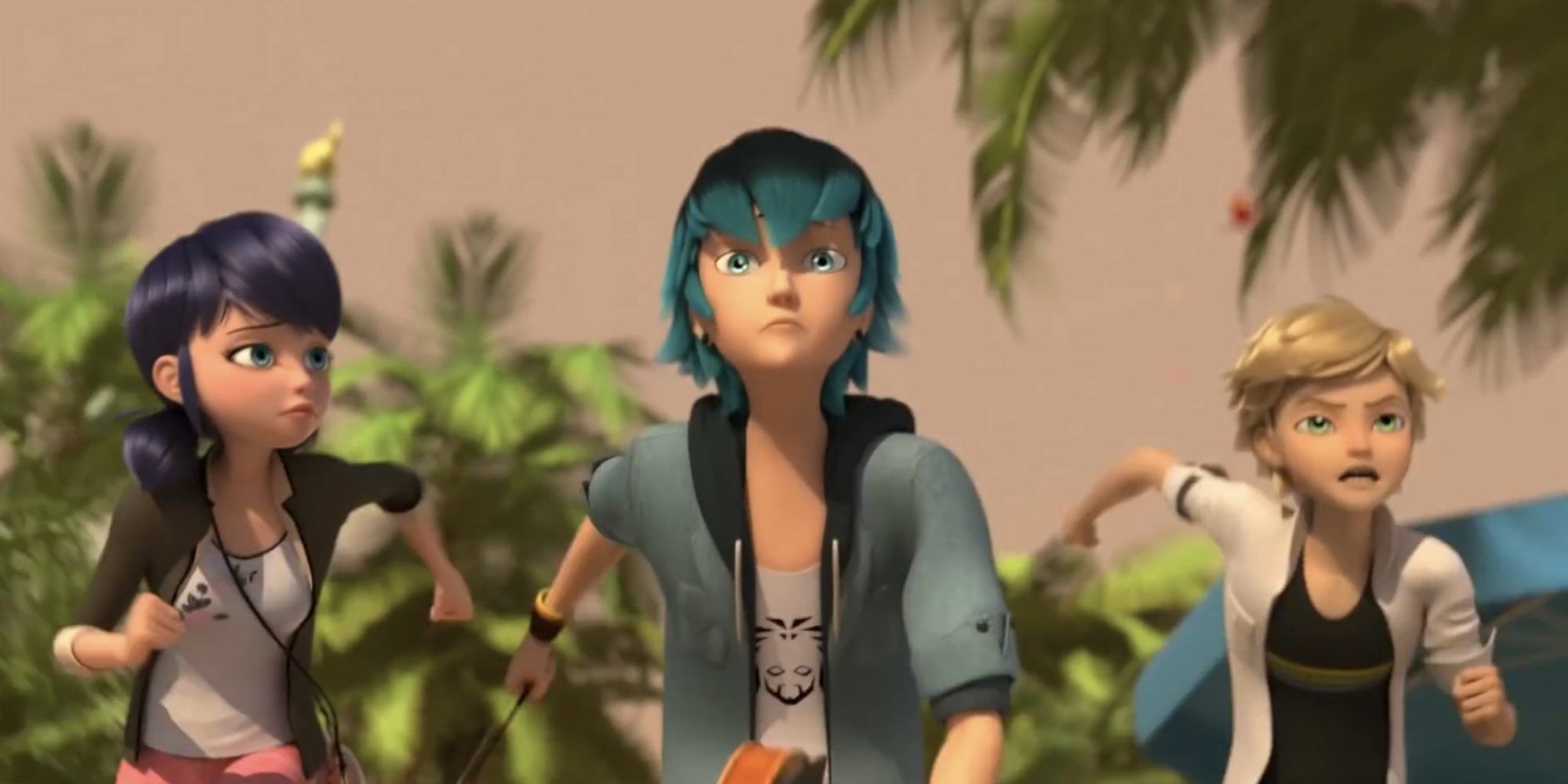 Marinette, Luka, and Adrien on the run in Miraculous Ladybug S4E18 Wishmaker.