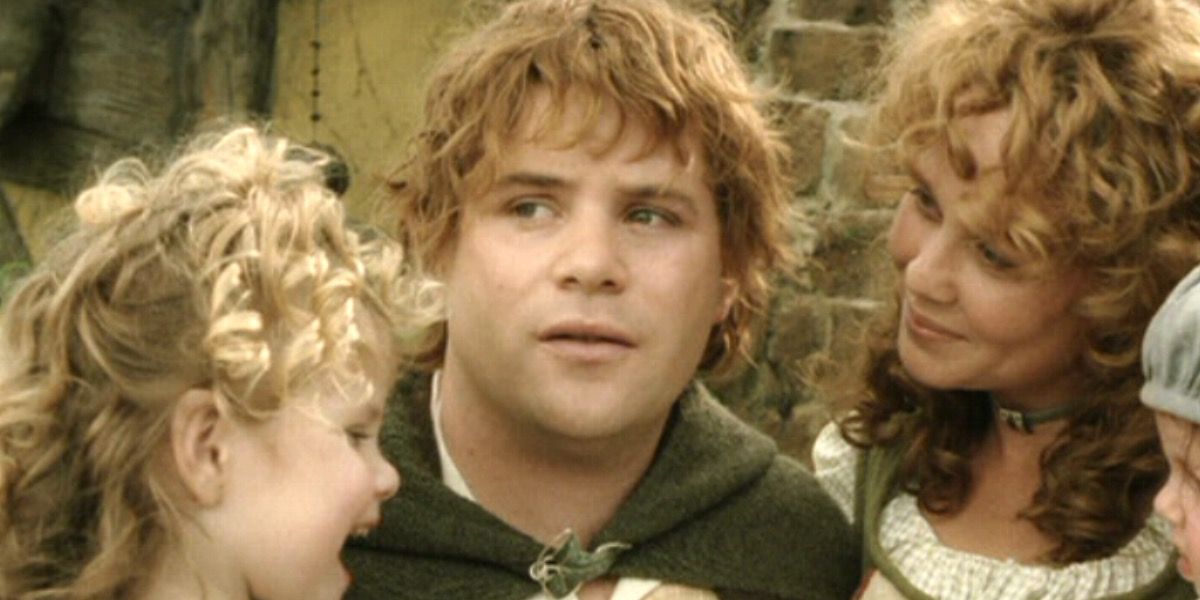 The Hobbit Samwise Gamgee stands with Rosie Cotton and their family in The Lord of the Rings.