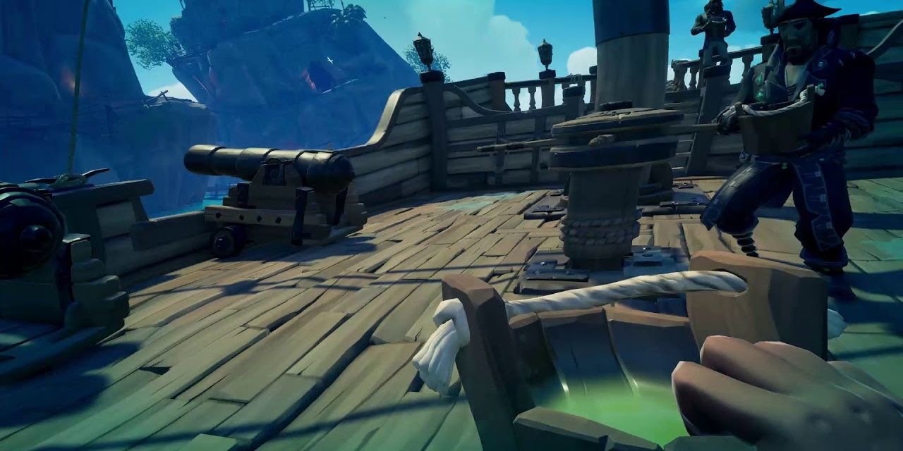 Sea of Thieves pirate with a bucket of vomit