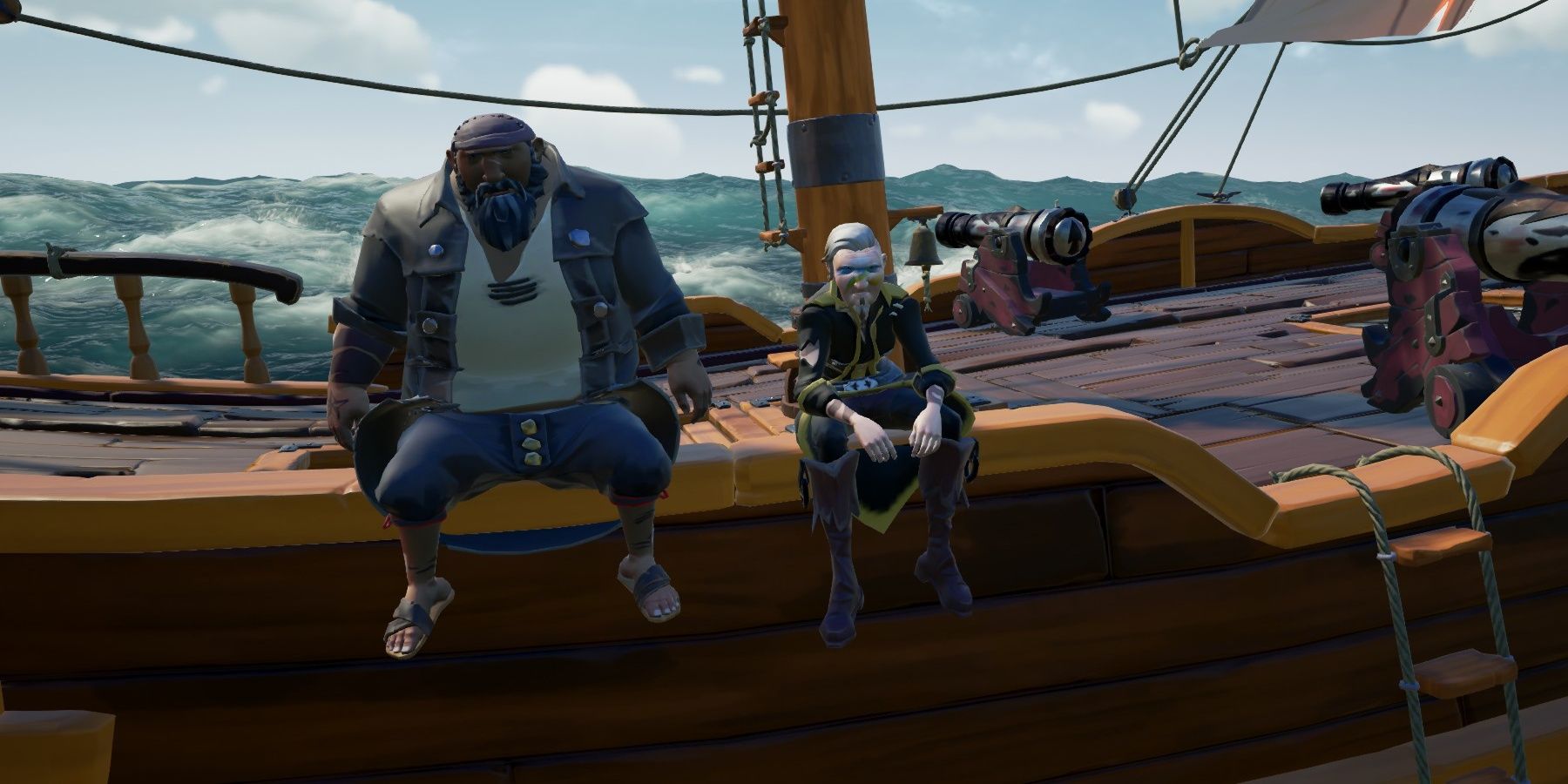 Sea of thieves two pirates sitting on the side of a ship