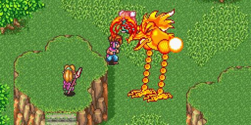 A giant bird is approached in Secret of Mana