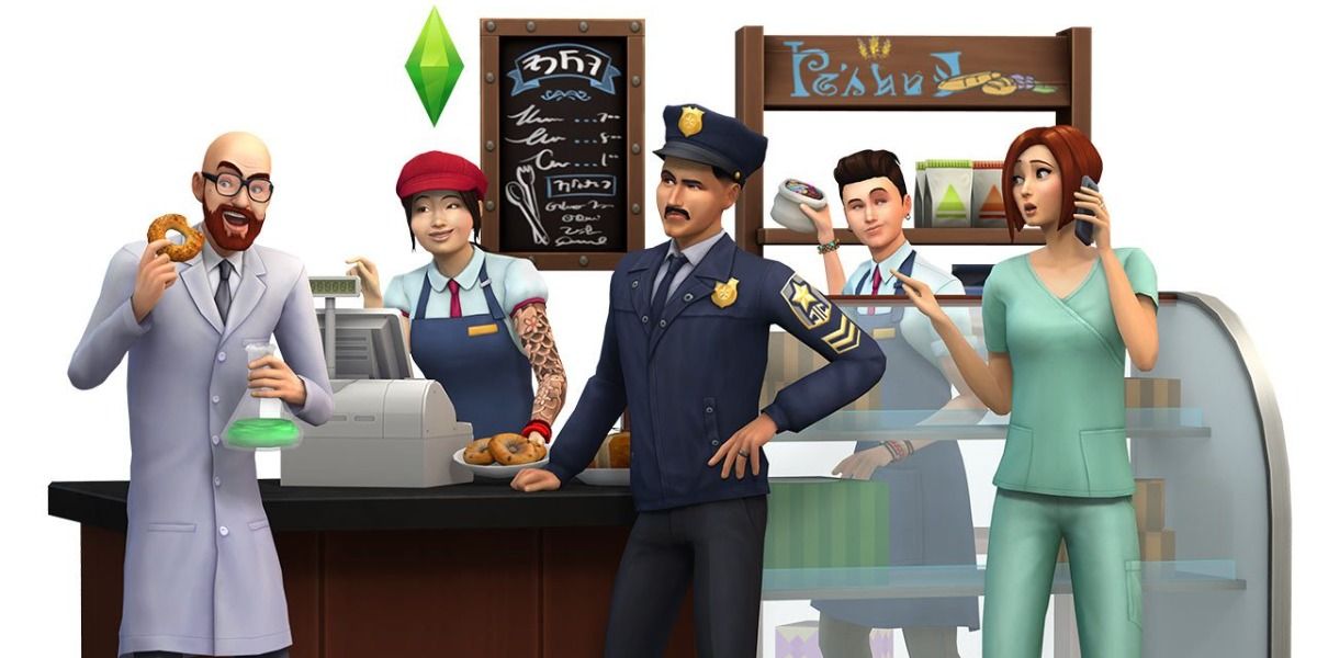 Scientist, Detective, and Doctor visiting the bakery in The Sims 4: Get To Work