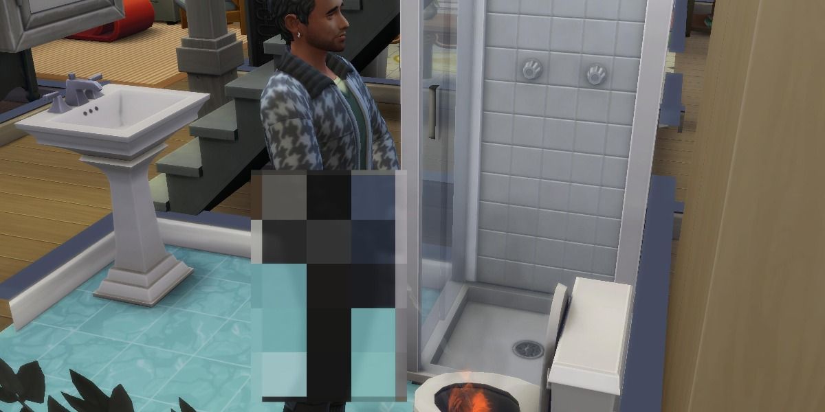 Sim peeing into a fire in a toilet