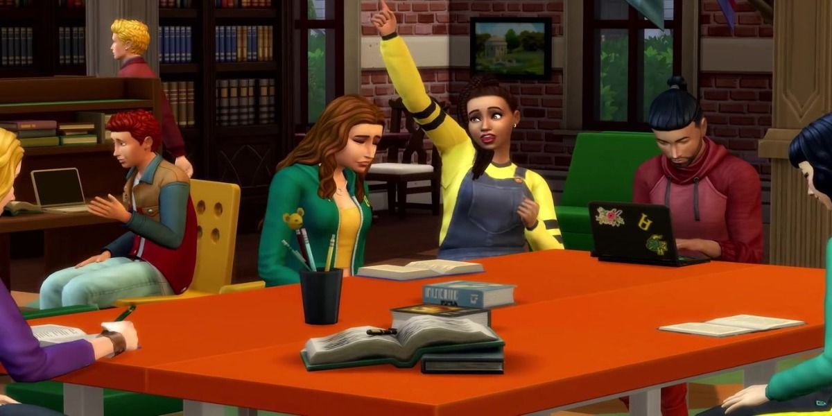Sims studying in the university library