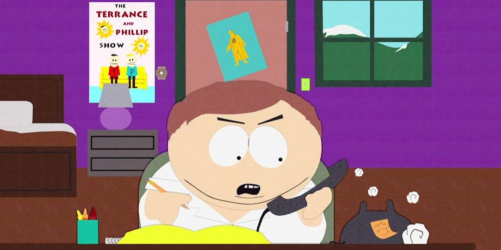 Cartman yells into his phone while trying to sell stem cells in South Park