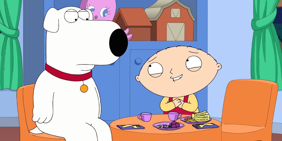 Stewie and Brian having a tea party