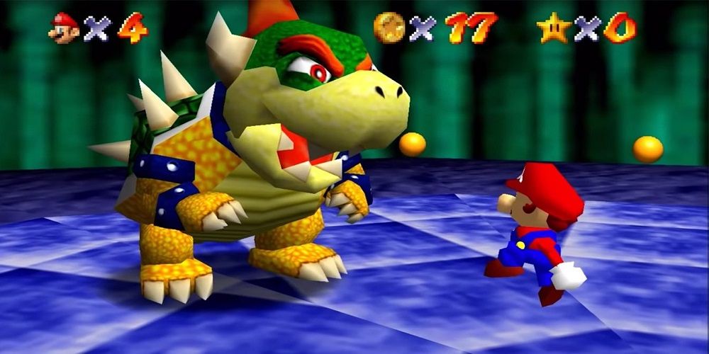 Mario facing off against Bowser in Super Mario Bros. 64