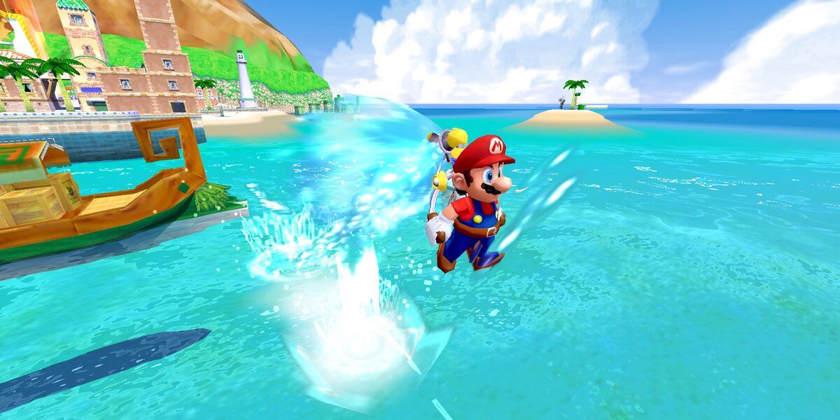 Mario gliding through the water with his FLUDD jet pack in Super Mario Sunshine