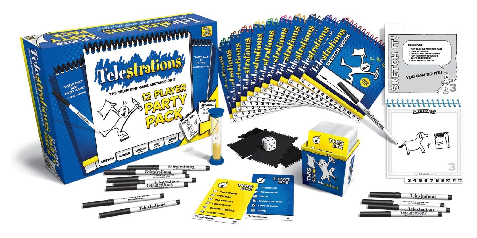 Telestrations Board Game 12 Player Party Pack Components Inside