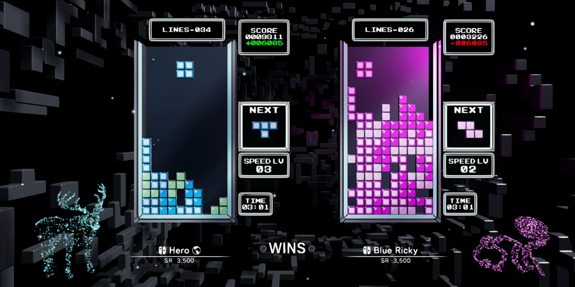 Two players playing Tetris Effect at the same time