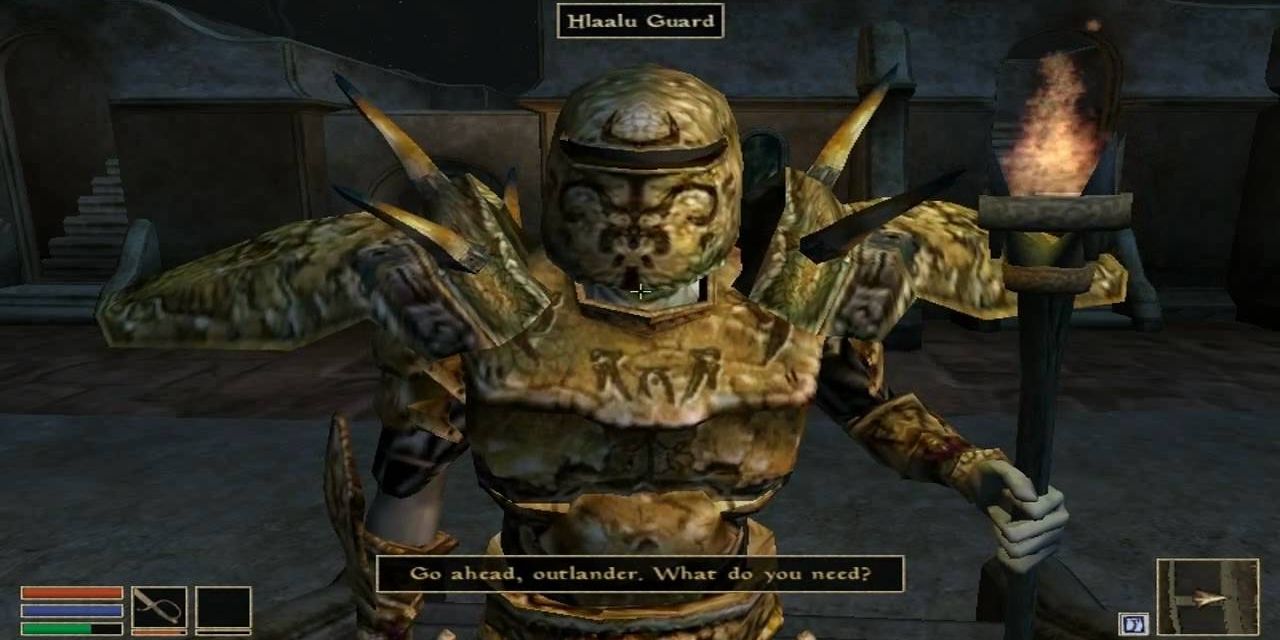 A Hlaalu Guard speaking to the player in Morrowind