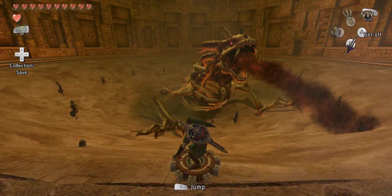 Link usando o Spinner enquanto Stallord respira gás tóxico em The Legend of Zelda: Twilight Princess