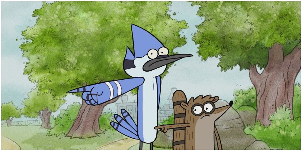 Mordecai and Rigby pointing with a forest background