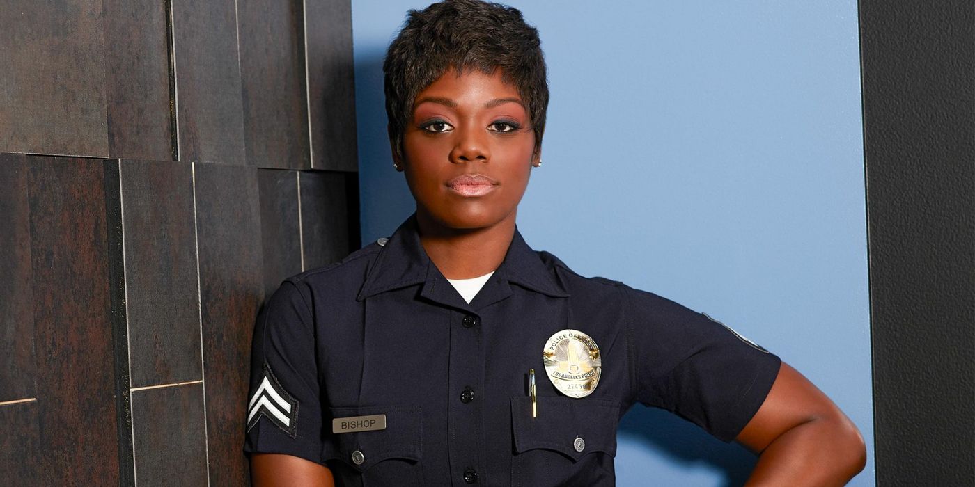 The Rookie promotional shot shows Afton Williamson as Talia Bishop in LAPD uniform.
